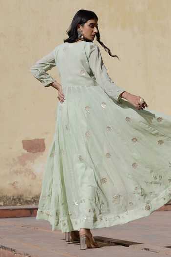 Shop ASRUMO Green Georgette Embroidery, Gota Patti V-neck Aari Anarkali And Pant Set at Aza Fashions Shop_ASRUMO_Green Georgette Embroidery, Gota Patti V-neck Aari Anarkali And Pant Set_at_Aza_Fashions