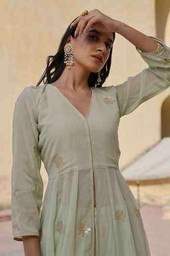 ASRUMO Green Georgette Embroidery, Gota Patti V-neck Aari Anarkali And Pant Set Online at Aza Fashions ASRUMO_Green Georgette Embroidery, Gota Patti V-neck Aari Anarkali And Pant Set_Online_at_Aza_Fashions