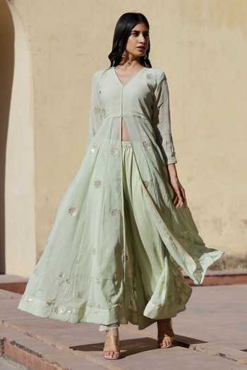 Buy ASRUMO Green Georgette Embroidery, Gota Patti V-neck Aari Anarkali And Pant Set Online at Aza Fashions Buy_ASRUMO_Green Georgette Embroidery, Gota Patti V-neck Aari Anarkali And Pant Set_Online_at_Aza_Fashions