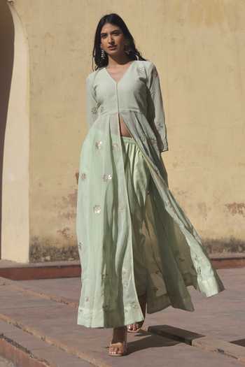 Shop ASRUMO Green Georgette Embroidery, Gota Patti V-neck Aari Anarkali And Pant Set Online at Aza Fashions Shop_ASRUMO_Green Georgette Embroidery, Gota Patti V-neck Aari Anarkali And Pant Set_Online_at_Aza_Fashions