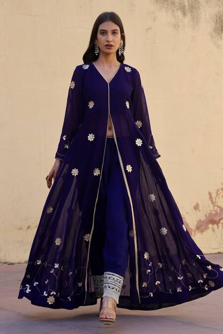 ASRUMO Blue Georgette Hand Embroidered Aari And Gota Work V Neck Anarkali & Pant Set 