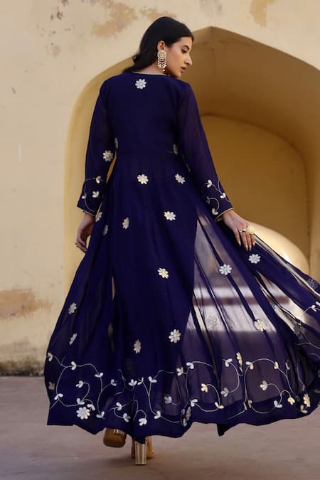 Shop ASRUMO Blue Georgette Embroidery, Gota Patti V-neck Anarkali And Pant Set at Aza Fashions Shop_ASRUMO_Blue Georgette Embroidery, Gota Patti V-neck Anarkali And Pant Set _at_Aza_Fashions
