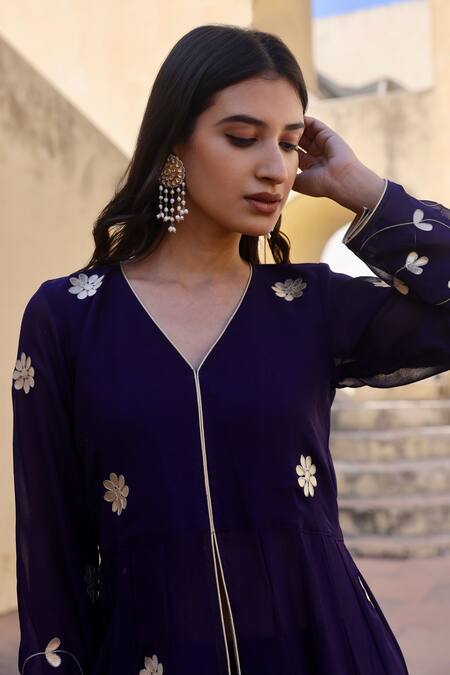 ASRUMO Blue Georgette Embroidery, Gota Patti V-neck Anarkali And Pant Set Online at Aza Fashions ASRUMO_Blue Georgette Embroidery, Gota Patti V-neck Anarkali And Pant Set _Online_at_Aza_Fashions