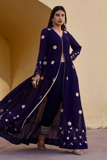 Buy ASRUMO Blue Georgette Embroidery, Gota Patti V-neck Anarkali And Pant Set Online at Aza Fashions Buy_ASRUMO_Blue Georgette Embroidery, Gota Patti V-neck Anarkali And Pant Set _Online_at_Aza_Fashions