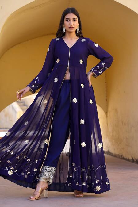 Shop ASRUMO Blue Georgette Embroidery, Gota Patti V-neck Anarkali And Pant Set Online at Aza Fashions Shop_ASRUMO_Blue Georgette Embroidery, Gota Patti V-neck Anarkali And Pant Set _Online_at_Aza_Fashions