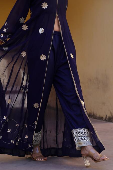 ASRUMO Blue Georgette Embroidery, Gota Patti V-neck Anarkali And Pant Set at Aza Fashions ASRUMO_Blue Georgette Embroidery, Gota Patti V-neck Anarkali And Pant Set _at_Aza_Fashions