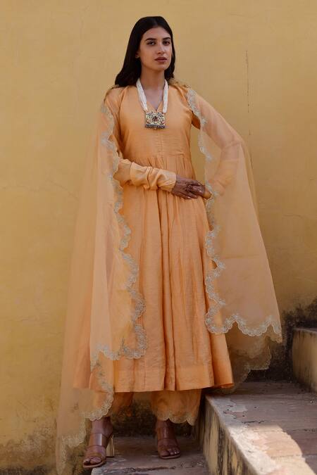 Buy_ASRUMO_Yellow Chanderi Embroidery V-neck Anarkali Set With Aari Work Dupatta_Online_at_Aza_Fashions