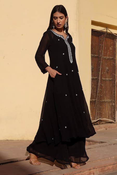 Buy_ASRUMO_Black Georgette Embroidery Round Neck Aari Anarkali Set _Online_at_Aza_Fashions