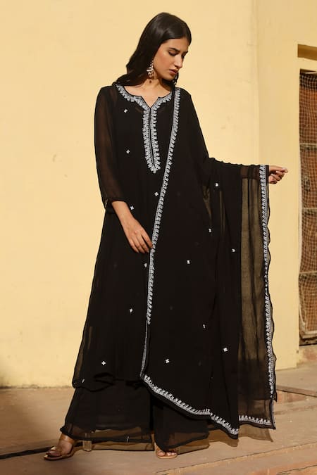 Shop_ASRUMO_Black Georgette Embroidery Round Neck Aari Anarkali Set _Online_at_Aza_Fashions
