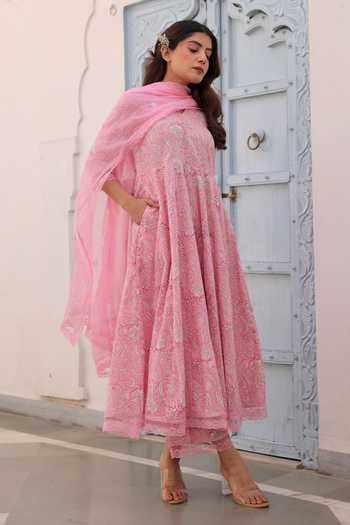 Women Black Cotton Hand Embroidered & floral jaal Printed Angarkha style Anarkali Kurta with Pant & coordinated Dupatta