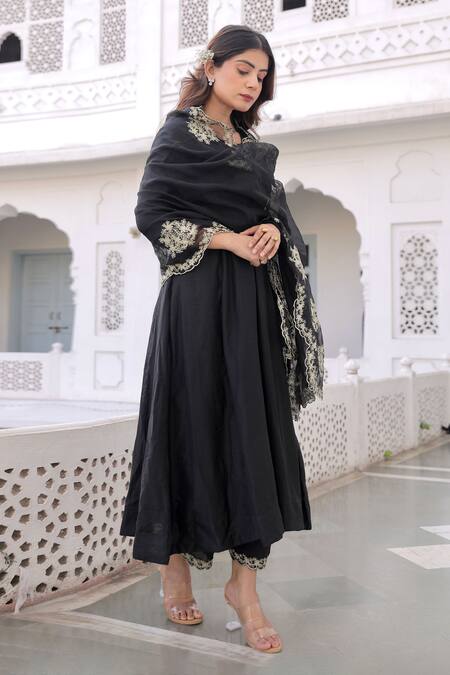 ASRUMO_Black Muslin Embroidery, Applique Round Anarkali Pant Set With Aari Work Dupatta_Online_at_Aza_Fashions