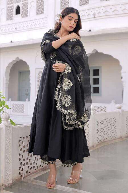 ASRUMO_Black Muslin Embroidery, Applique Round Anarkali Pant Set With Aari Work Dupatta_at_Aza_Fashions