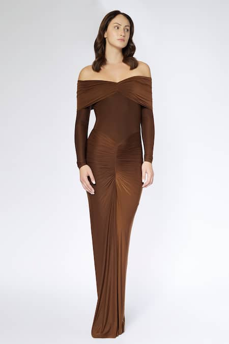 Deme by Gabriella Brown Malai Lycra Solid Off Shoulder Ruched Dress 