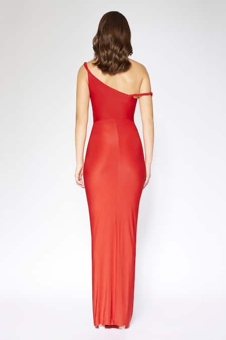 Shop Deme By Gabriella Red Lycra Off-shoulder Off Ruched Dress at Aza Fashions Shop_Deme By Gabriella_Red Lycra Off-shoulder Off Ruched Dress _at_Aza_Fashions