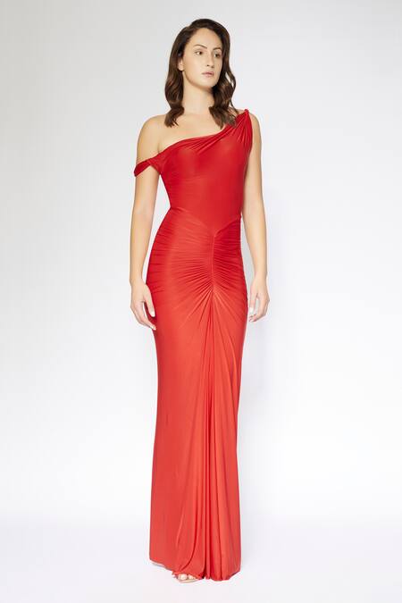 Deme By Gabriella Red Lycra Off-shoulder Off Ruched Dress Online at Aza Fashions Deme By Gabriella_Red Lycra Off-shoulder Off Ruched Dress _Online_at_Aza_Fashions