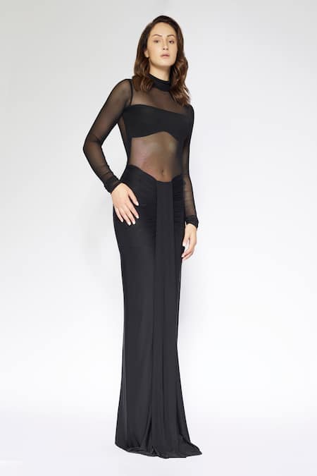 Buy Deme By Gabriella Black Net, Lycra High Neck Draped Sheer Panel Dress Online at Aza Fashions Buy_Deme By Gabriella_Black Net, Lycra High Neck Draped Sheer Panel Dress _Online_at_Aza_Fashions