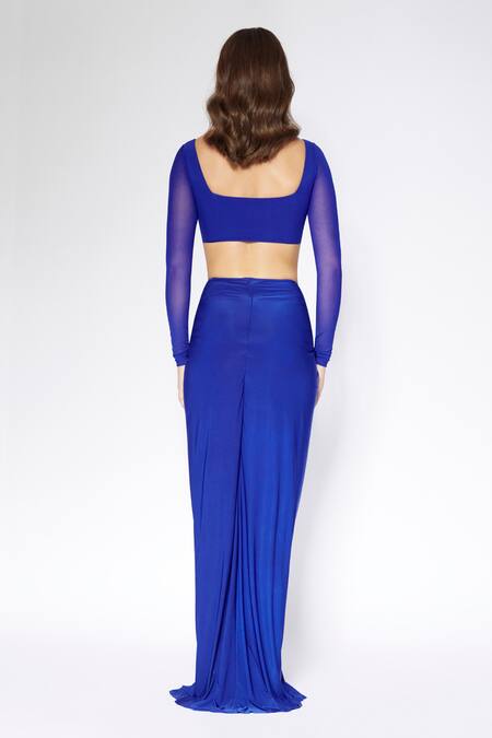 Shop_Deme By Gabriella_Blue Net, Lycra Round Neck Sheer Corset Top With Skirt _at_Aza_Fashions
