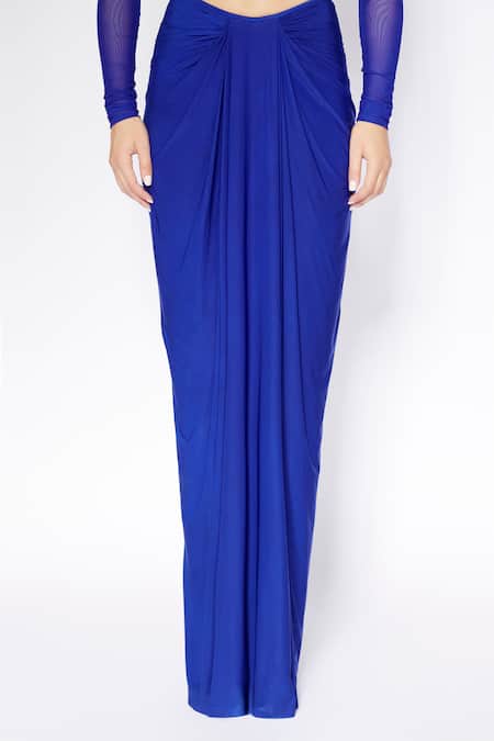 Shop_Deme By Gabriella_Blue Net, Lycra Round Neck Sheer Corset Top With Skirt _Online_at_Aza_Fashions