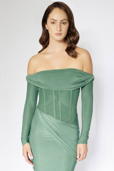 Deme By Gabriella Green Net, Lycra, Maheshwari Off-shoulder Corset Draped Dress Online at Aza Fashions Deme By Gabriella_Green Net, Lycra, Maheshwari Off-shoulder Corset Draped Dress _Online_at_Aza_Fashions