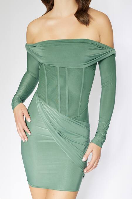 Buy Deme By Gabriella Green Net, Lycra, Maheshwari Off-shoulder Corset Draped Dress Online at Aza Fashions Buy_Deme By Gabriella_Green Net, Lycra, Maheshwari Off-shoulder Corset Draped Dress _Online_at_Aza_Fashions