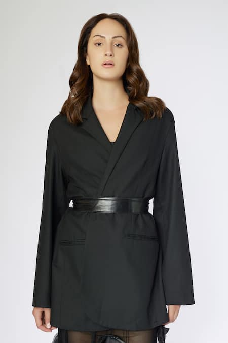 Buy_Deme By Gabriella_Black Net, Microfiber Applique Solid Blazer With Skirt _Online_at_Aza_Fashions