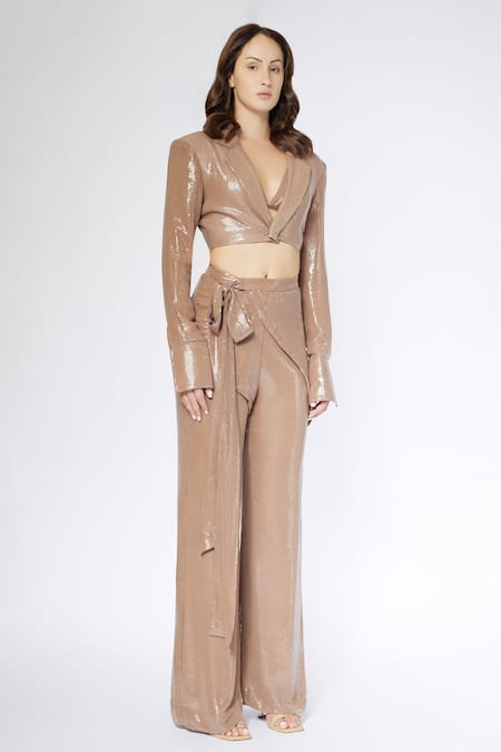 Deme By Gabriella Beige Silk Sequins V-neck Crop Blazer Draped Pant Set Online at Aza Fashions Deme By Gabriella_Beige Silk Sequins V-neck Crop Blazer Draped Pant Set _Online_at_Aza_Fashions