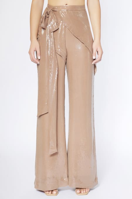 Deme By Gabriella Beige Silk Sequins V-neck Crop Blazer Draped Pant Set at Aza Fashions Deme By Gabriella_Beige Silk Sequins V-neck Crop Blazer Draped Pant Set _at_Aza_Fashions