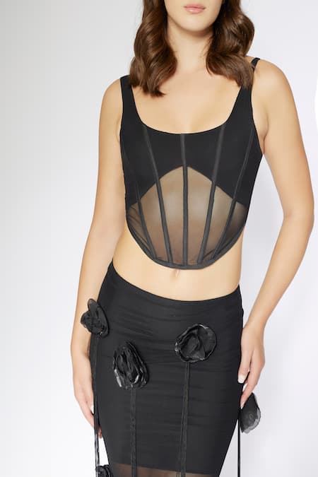 Deme By Gabriella Black Net, Maheshwari, Lycra Fabric Flowers Sheer Corset With Applique Skirt Online at Aza Fashions Deme By Gabriella_Black Net, Maheshwari, Lycra Fabric Flowers Sheer Corset With Applique Skirt _Online_at_Aza_Fashions