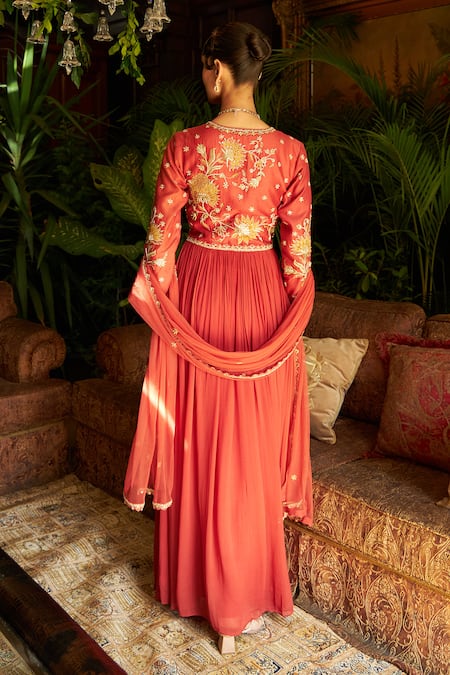 Shop Shreeka Red Net, Chanderi, Georgette, Lycra, Tonal Embroidered Anarkali Churidar Set at Aza Fashions Shop_Shreeka_Red Net, Chanderi, Georgette, Lycra, Tonal Embroidered Anarkali Churidar Set _at_Aza_Fashions
