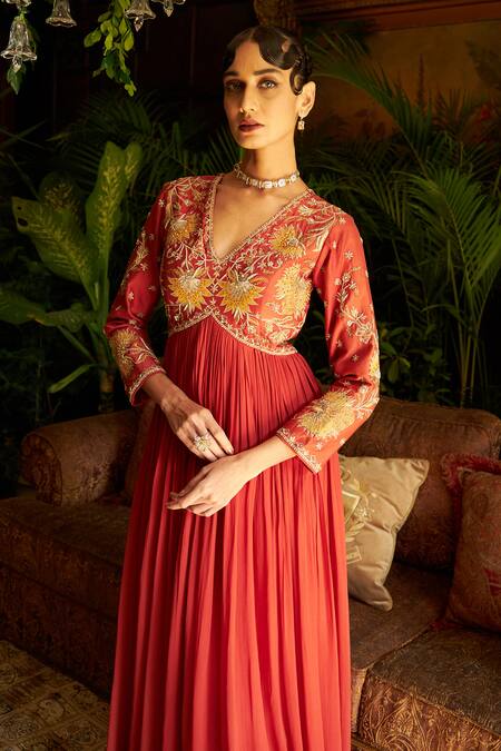 Shreeka Red Net, Chanderi, Georgette, Lycra, Tonal Embroidered Anarkali Churidar Set Online at Aza Fashions Shreeka_Red Net, Chanderi, Georgette, Lycra, Tonal Embroidered Anarkali Churidar Set _Online_at_Aza_Fashions