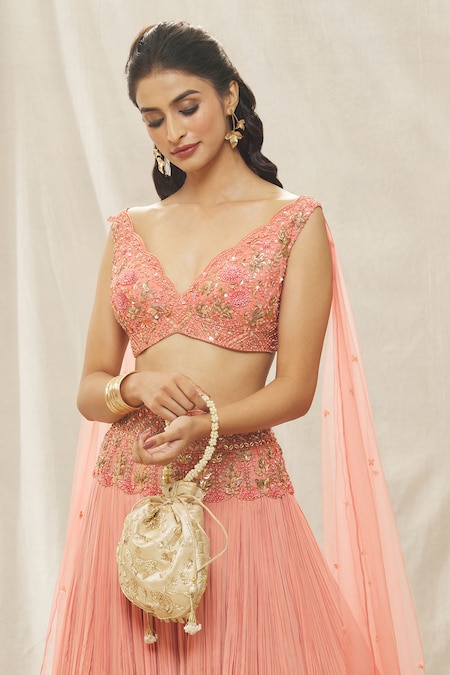 Yellow One Sleeves Sequins Choli with tiered lehenga and belt bag —  Tinyrabbit