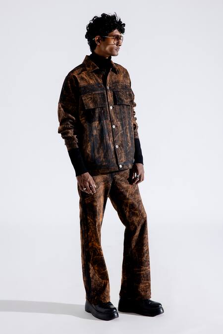 Aroka_Orange Denim Full Sleeve Textured Grunge Jacket_Online_at_Aza_Fashions