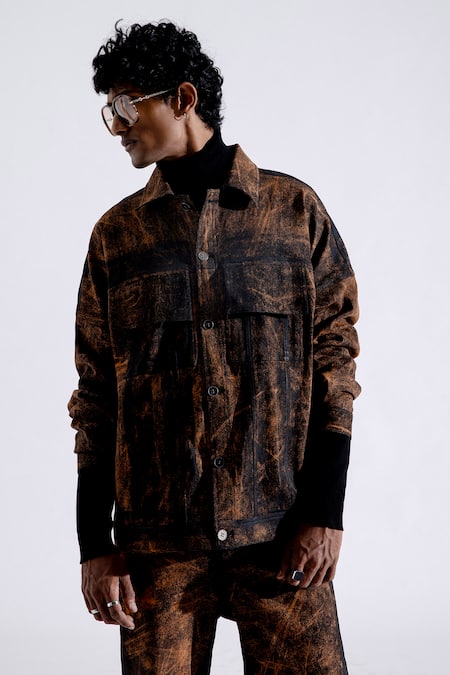 Buy_Aroka_Orange Denim Full Sleeve Textured Grunge Jacket_Online_at_Aza_Fashions