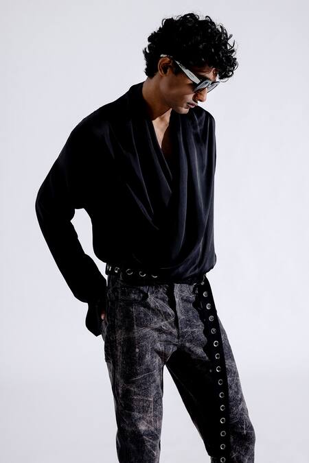Shop_Aroka_Black Modal, Satin Wrap Shirt_Online_at_Aza_Fashions