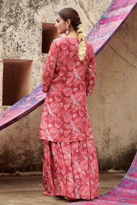 Karaj Jaipur Maroon Chiffon Sequins Round Neck, Floral Print Embroidered Kurta Gharara Set Online at Aza Fashions Karaj Jaipur_Maroon Chiffon Sequins Round Neck, Floral Print Embroidered Kurta Gharara Set _Online_at_Aza_Fashions