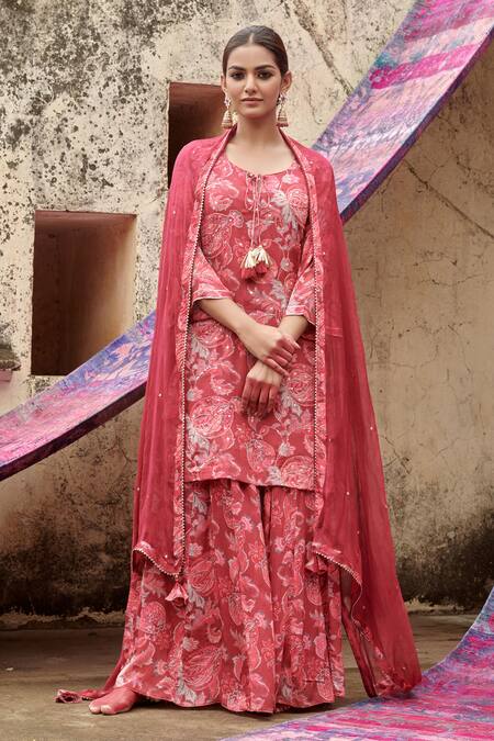 Buy Karaj Jaipur Maroon Chiffon Sequins Round Neck, Floral Print Embroidered Kurta Gharara Set Online at Aza Fashions Buy_Karaj Jaipur_Maroon Chiffon Sequins Round Neck, Floral Print Embroidered Kurta Gharara Set _Online_at_Aza_Fashions