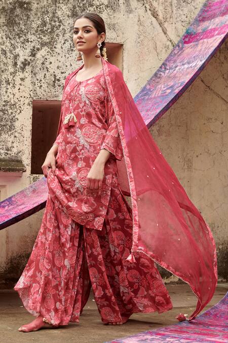 Shop Karaj Jaipur Maroon Chiffon Sequins Round Neck, Floral Print Embroidered Kurta Gharara Set Online at Aza Fashions Shop_Karaj Jaipur_Maroon Chiffon Sequins Round Neck, Floral Print Embroidered Kurta Gharara Set _Online_at_Aza_Fashions