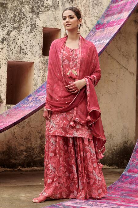 Buy Karaj Jaipur Maroon Chiffon Sequins Round Neck, Floral Print Embroidered Kurta Gharara Set Buy_Karaj Jaipur_Maroon Chiffon Sequins Round Neck, Floral Print Embroidered Kurta Gharara Set