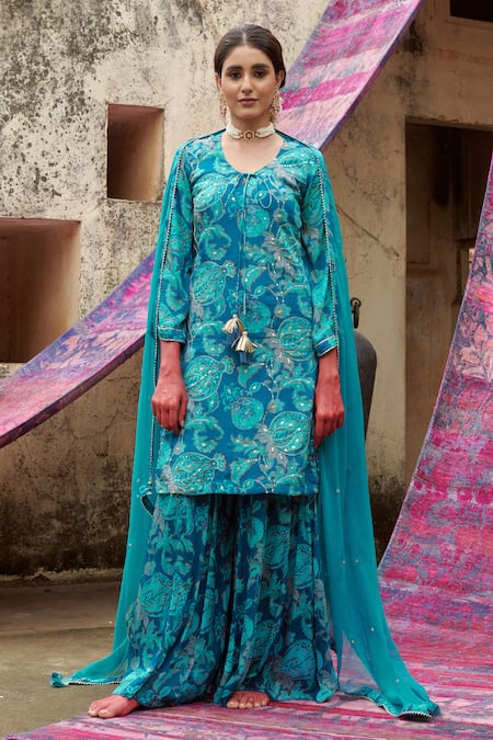 KARAJ JAIPUR Blue Kurta And Pant Chinnon Embroidered Sequin Round & Patti Gharara Set 