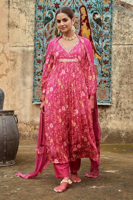Buy_Karaj Jaipur_Pink Chiffon, Cotton, Silk Gota Patti, Sequins And Embroidered Kurta Pant Set _Online_at_Aza_Fashions