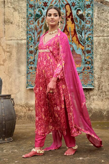 Shop_Karaj Jaipur_Pink Chiffon, Cotton, Silk Gota Patti, Sequins And Embroidered Kurta Pant Set _Online_at_Aza_Fashions