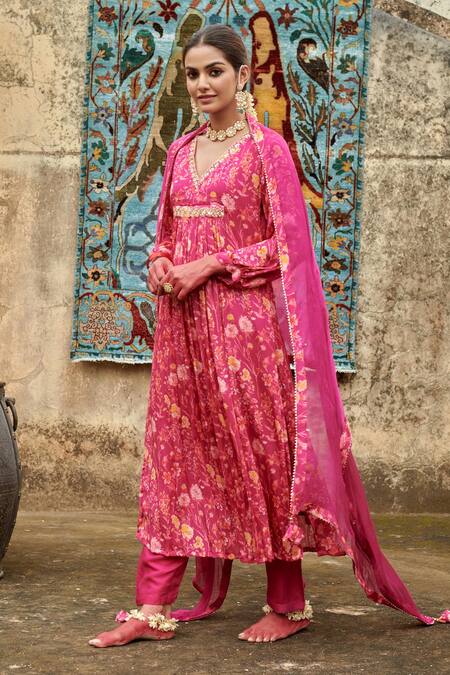 Karaj Jaipur_Pink Chiffon, Cotton, Silk Gota Patti, Sequins And Embroidered Kurta Pant Set _at_Aza_Fashions