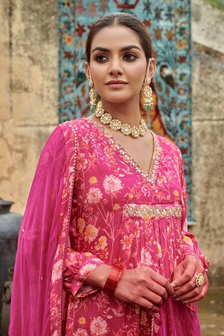 Buy_Karaj Jaipur_Pink Chiffon, Cotton, Silk Gota Patti, Sequins And Embroidered Kurta Pant Set 