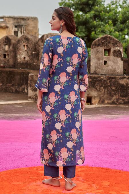 Shop Karaj Jaipur Blue Chiffon, Cotton, Silk Sequins, Mirror And Patti Embroidered Kurta Pant Set at Aza Fashions Shop_Karaj Jaipur_Blue Chiffon, Cotton, Silk Sequins, Mirror And Patti Embroidered Kurta Pant Set_at_Aza_Fashions