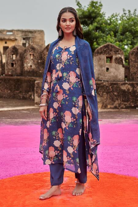 Buy Karaj Jaipur Blue Chiffon, Cotton, Silk Sequins, Mirror And Patti Embroidered Kurta Pant Set Online at Aza Fashions Buy_Karaj Jaipur_Blue Chiffon, Cotton, Silk Sequins, Mirror And Patti Embroidered Kurta Pant Set_Online_at_Aza_Fashions