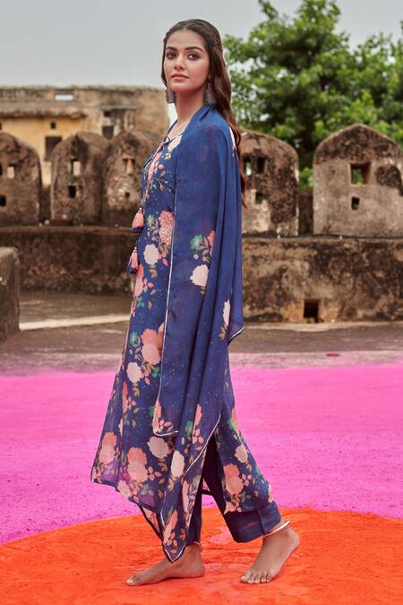 Shop Karaj Jaipur Blue Chiffon, Cotton, Silk Sequins, Mirror And Patti Embroidered Kurta Pant Set Online at Aza Fashions Shop_Karaj Jaipur_Blue Chiffon, Cotton, Silk Sequins, Mirror And Patti Embroidered Kurta Pant Set_Online_at_Aza_Fashions