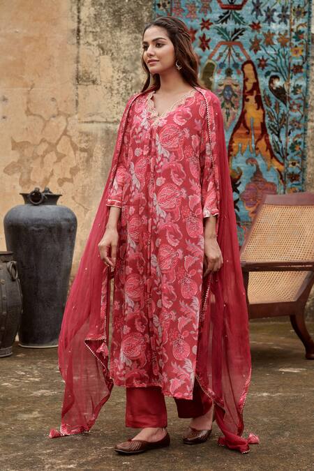 Buy Karaj Jaipur Maroon Cotton, Silk, Chiffon Embroidery V-neck Paisley Print Kurta Pant Set Online at Aza Fashions Buy_Karaj Jaipur_Maroon Cotton, Silk, Chiffon Embroidery V-neck Paisley Print Kurta Pant Set _Online_at_Aza_Fashions
