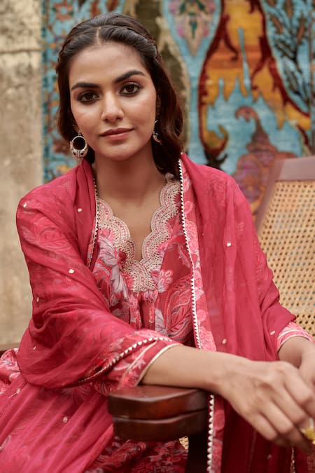 Shop Karaj Jaipur Maroon Cotton, Silk, Chiffon Embroidery V-neck Paisley Print Kurta Pant Set Online at Aza Fashions Shop_Karaj Jaipur_Maroon Cotton, Silk, Chiffon Embroidery V-neck Paisley Print Kurta Pant Set _Online_at_Aza_Fashions