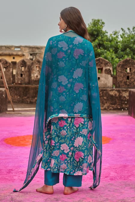 Karaj Jaipur Green Chiffon, Cotton, Silk Beads, Floral Print Embroidered Kurta Pant Set Online at Aza Fashions Karaj Jaipur_Green Chiffon, Cotton, Silk Beads, Floral Print Embroidered Kurta Pant Set _Online_at_Aza_Fashions