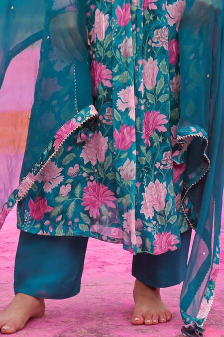 Buy Karaj Jaipur Green Chiffon, Cotton, Silk Beads, Floral Print Embroidered Kurta Pant Set Online at Aza Fashions Buy_Karaj Jaipur_Green Chiffon, Cotton, Silk Beads, Floral Print Embroidered Kurta Pant Set _Online_at_Aza_Fashions